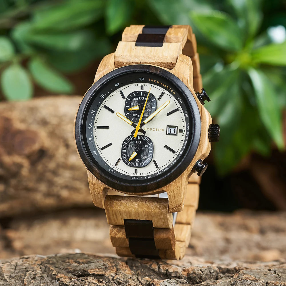 Men'S Wooden Watches Fashion Quartz Wrist Watch for Men Chronograph Clock with Wood Gift Box Reloj Hombre Custom