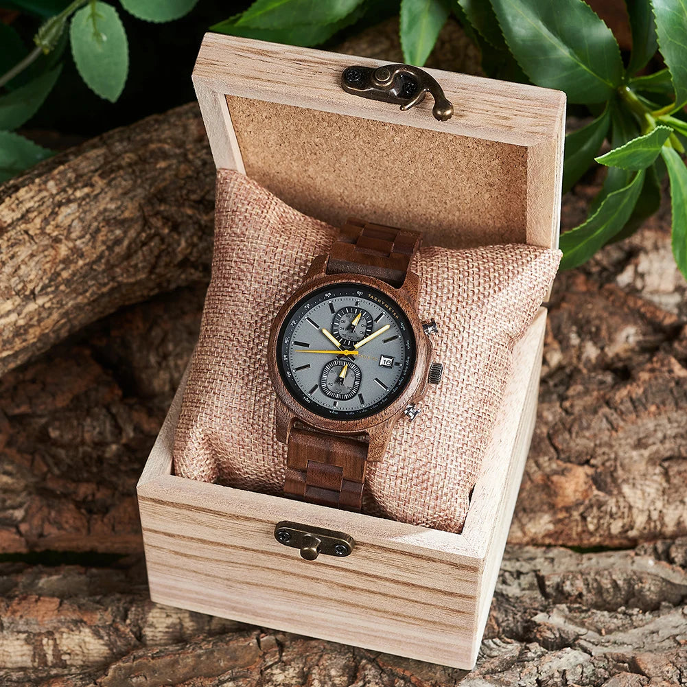 Men'S Wooden Watches Fashion Quartz Wrist Watch for Men Chronograph Clock with Wood Gift Box Reloj Hombre Custom