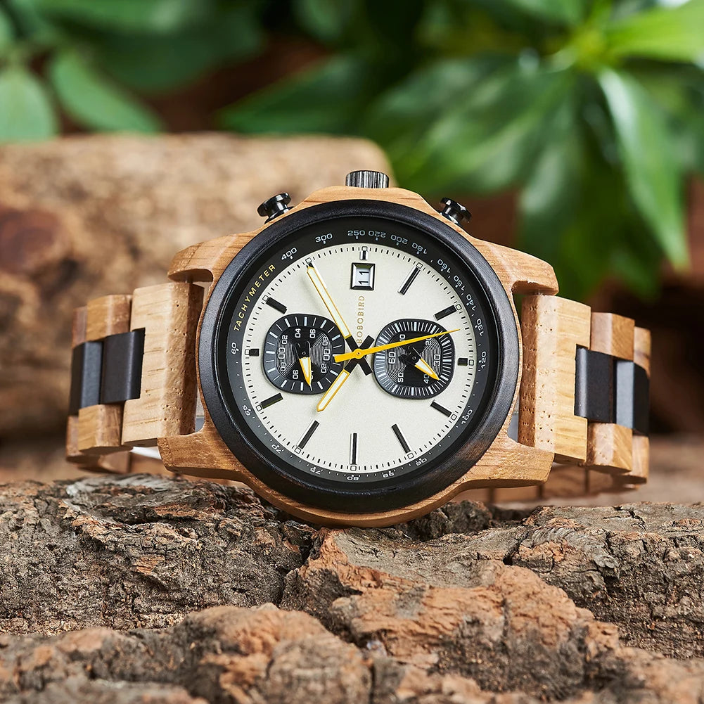 Men'S Wooden Watches Fashion Quartz Wrist Watch for Men Chronograph Clock with Wood Gift Box Reloj Hombre Custom