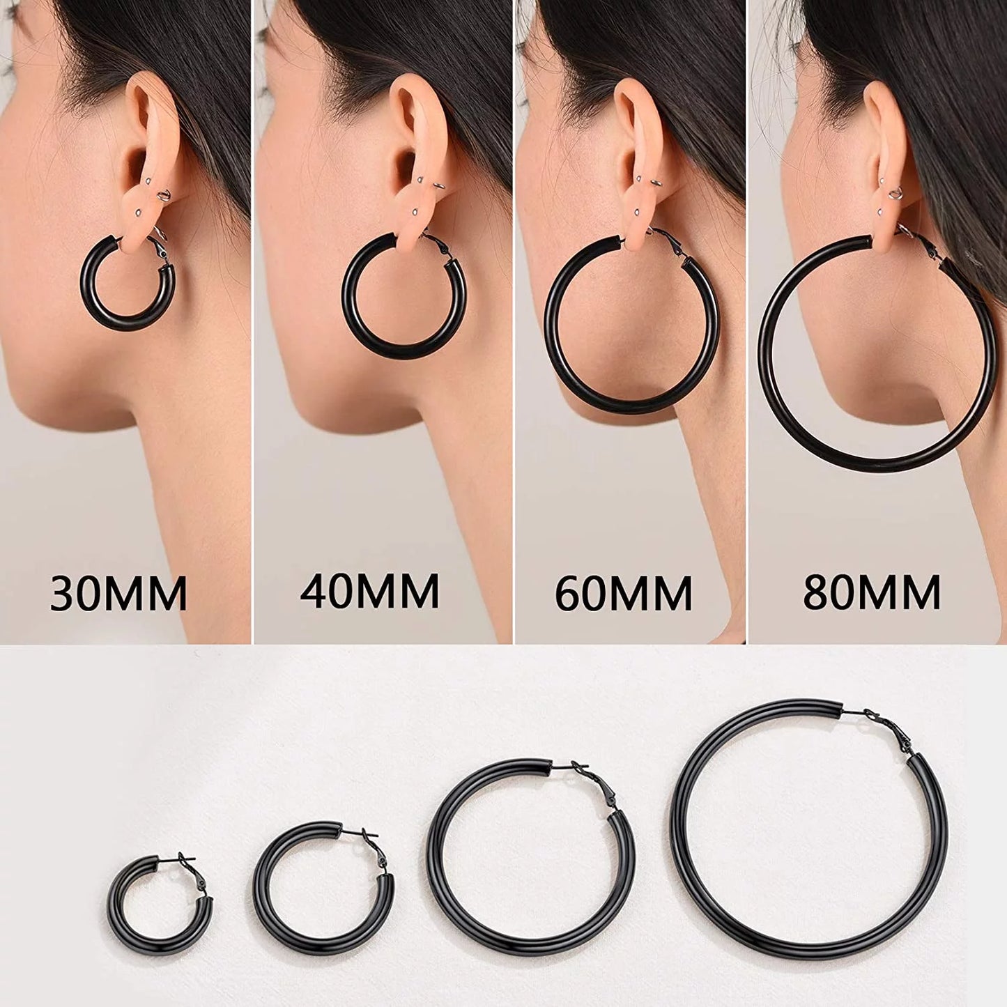 Small 60Mm Black Tube Hoop Earrings Women Girls with Sterling Silver Post