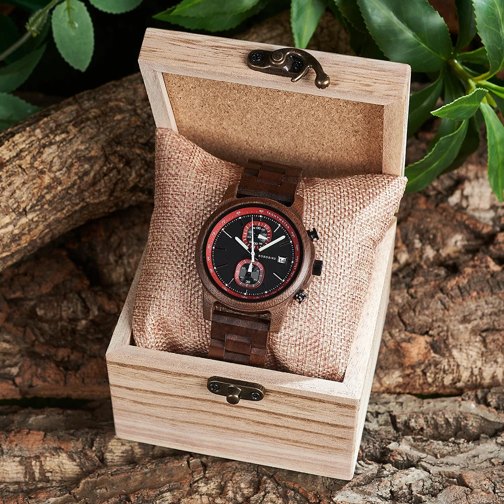 Men'S Wooden Watches Fashion Quartz Wrist Watch for Men Chronograph Clock with Wood Gift Box Reloj Hombre Custom