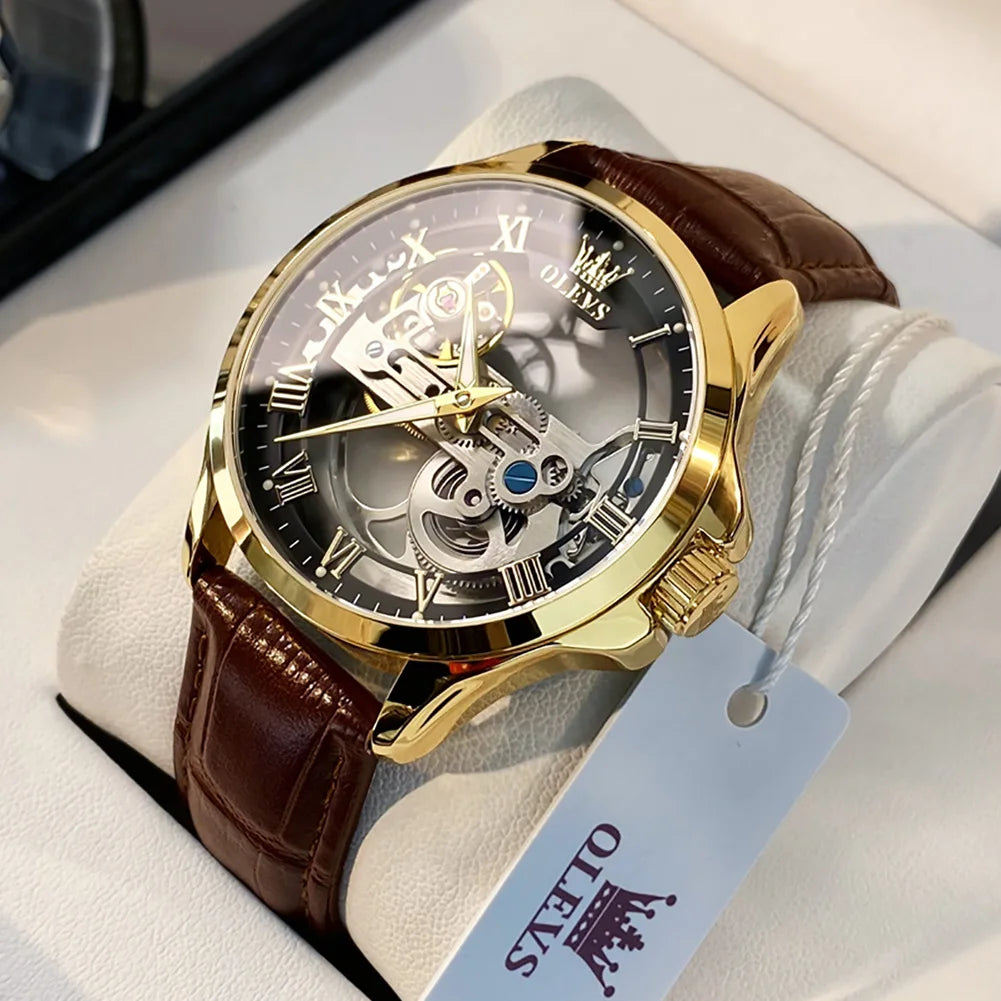 Luxury Men Watches Automatic Mechanical Wristwatch Skeleton Design Waterproof Leather Strap Male Watch Reloj Hombre