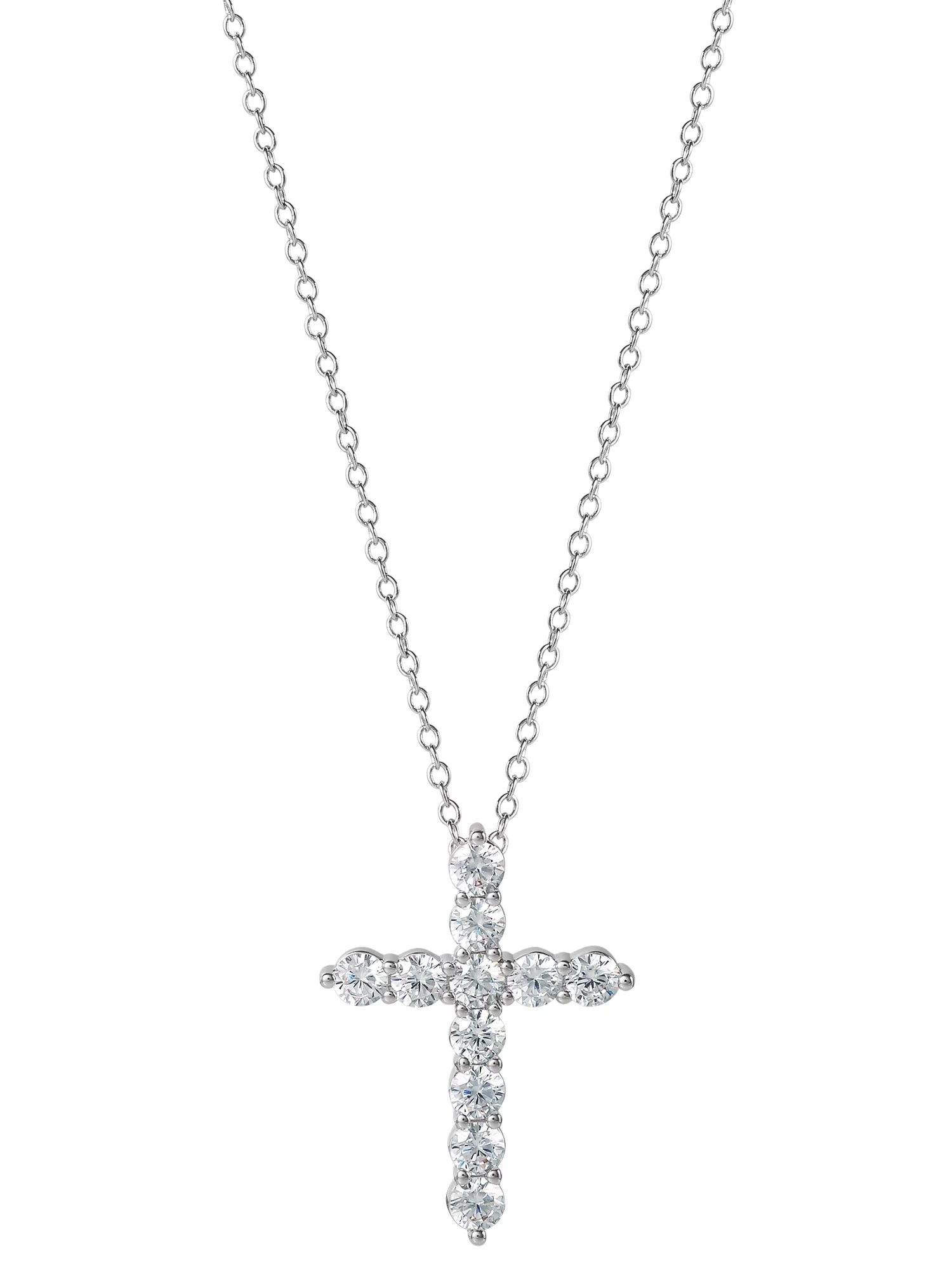 Brilliance, Fine Silver Plated Brass Cubic Zirconia Cross Pendant, 18" + 2" Ext Chain