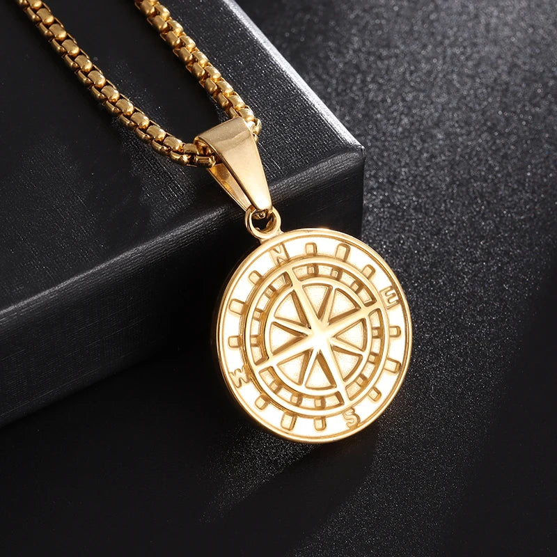 Vintage Compass Medal Pendant Stainless Steel Necklace Mens High Quality round Hip Hop Trend Jewelry Gifts Wholesale