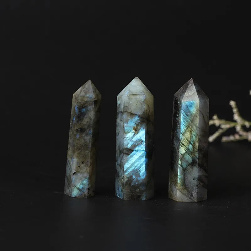 Natural Crystal Labradorite Hexagonal Column Crystal Point Mineral Ornament Healing Wand Home Decor DIY Gift Decoration Wicca