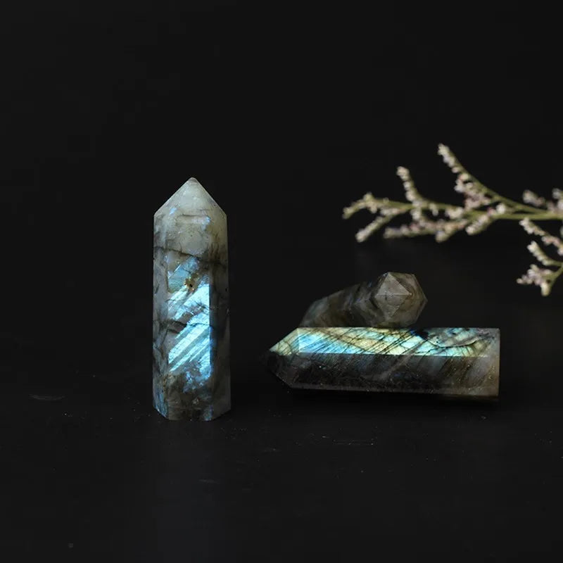 Natural Crystal Labradorite Hexagonal Column Crystal Point Mineral Ornament Healing Wand Home Decor DIY Gift Decoration Wicca