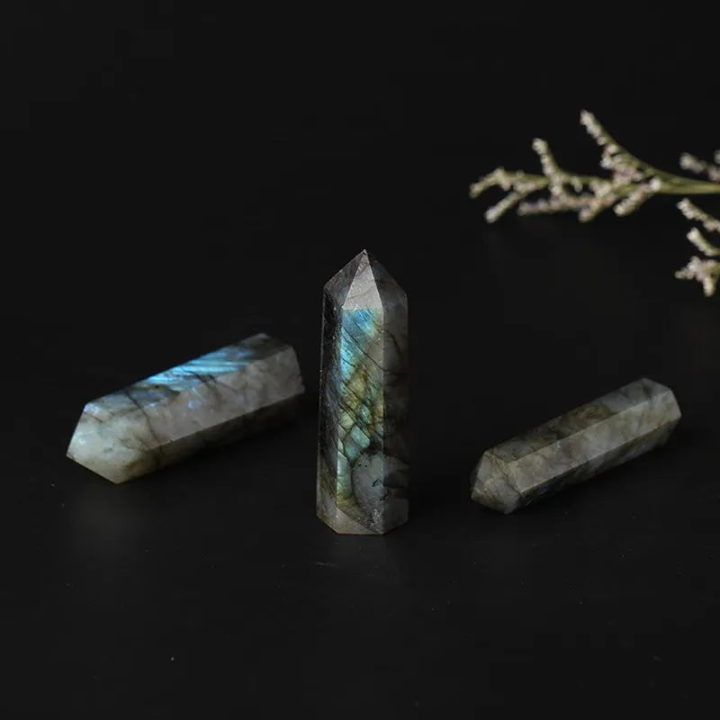 Natural Crystal Labradorite Hexagonal Column Crystal Point Mineral Ornament Healing Wand Home Decor DIY Gift Decoration Wicca