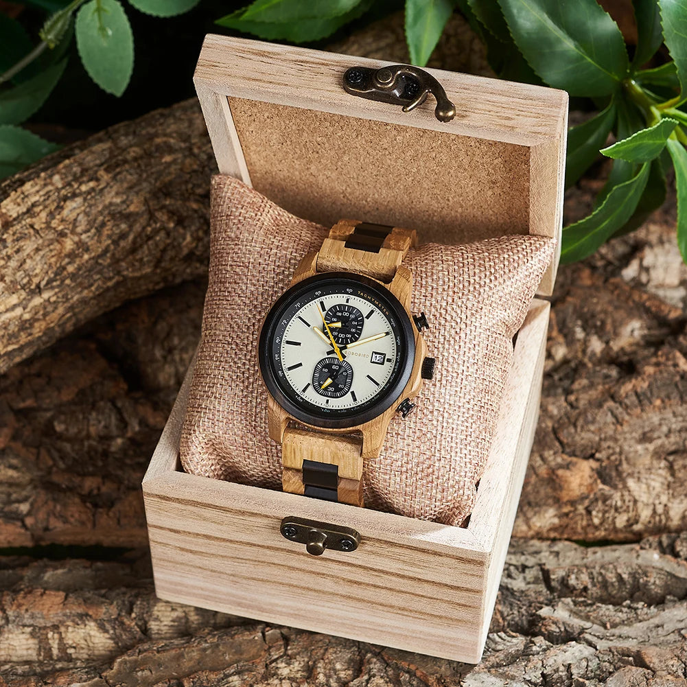 Men'S Wooden Watches Fashion Quartz Wrist Watch for Men Chronograph Clock with Wood Gift Box Reloj Hombre Custom