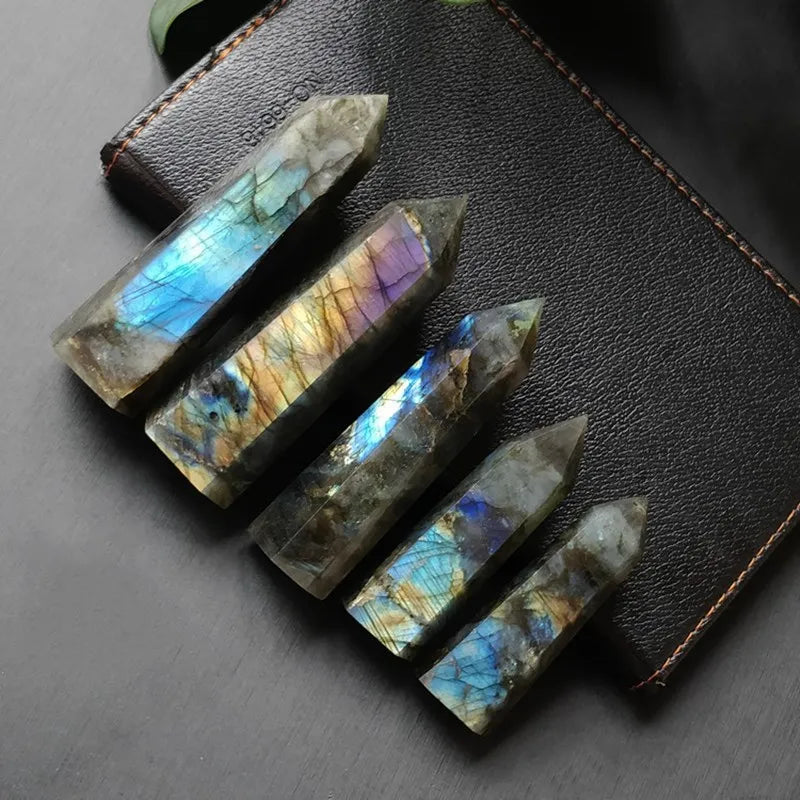 Natural Crystal Labradorite Hexagonal Column Crystal Point Mineral Ornament Healing Wand Home Decor DIY Gift Decoration Wicca