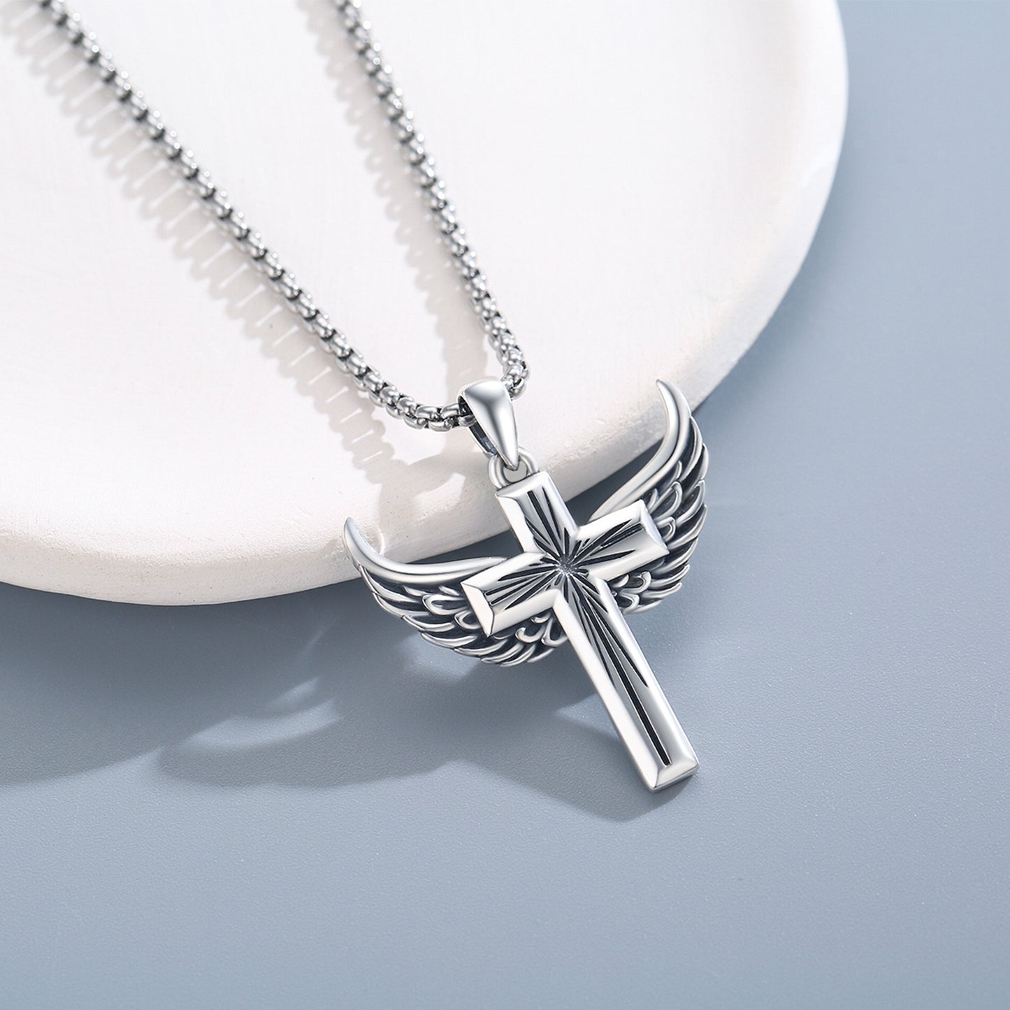 Men Cross Necklace Sterling Silver Man Pendant Necklaces Christian Faith Jewelry Birthday Xmas Gifts for Boys Dad Son