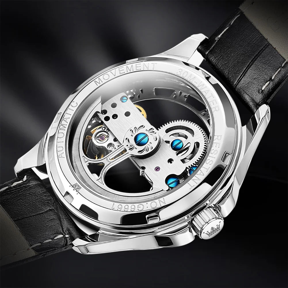 Luxury Men Watches Automatic Mechanical Wristwatch Skeleton Design Waterproof Leather Strap Male Watch Reloj Hombre