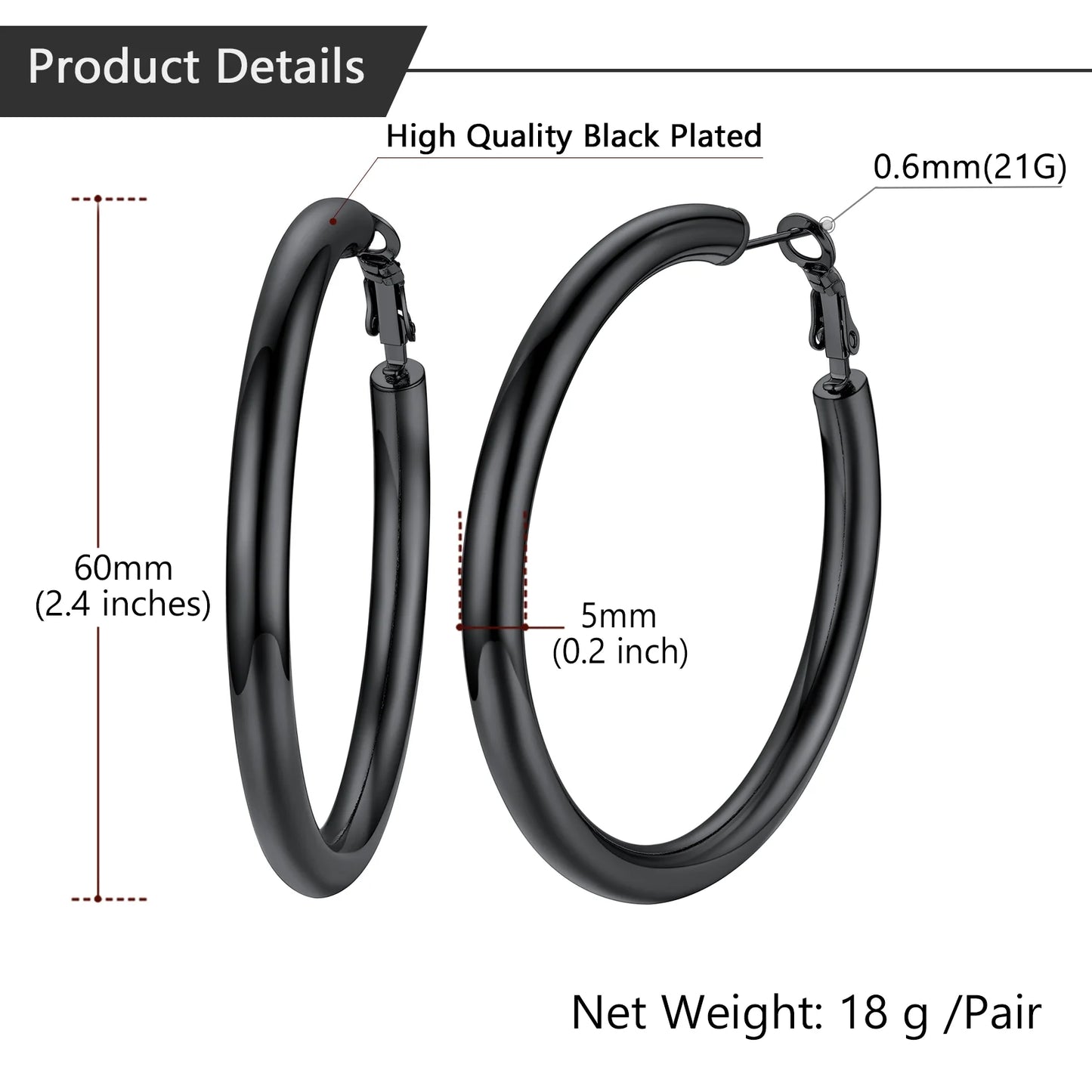 Small 60Mm Black Tube Hoop Earrings Women Girls with Sterling Silver Post