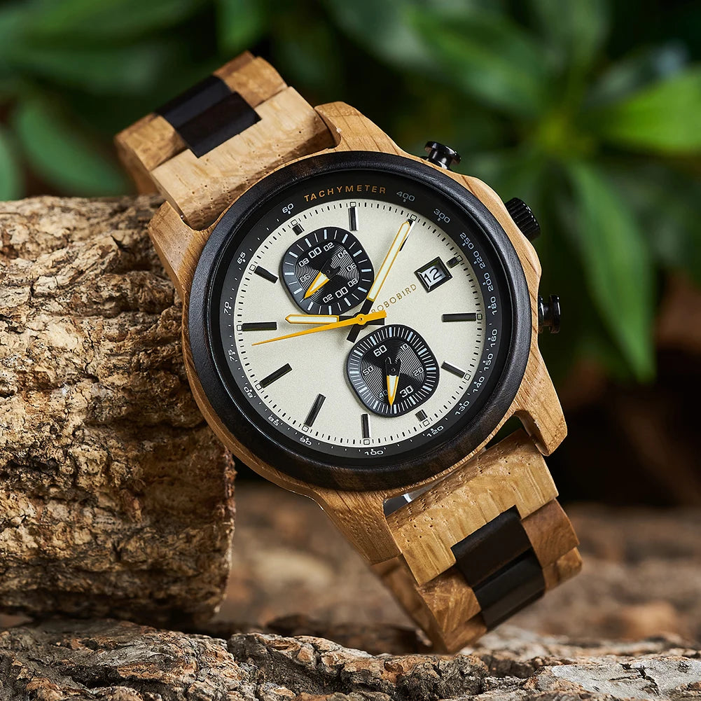 Men'S Wooden Watches Fashion Quartz Wrist Watch for Men Chronograph Clock with Wood Gift Box Reloj Hombre Custom