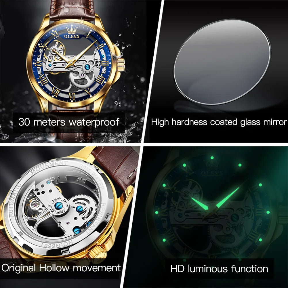 Luxury Men Watches Automatic Mechanical Wristwatch Skeleton Design Waterproof Leather Strap Male Watch Reloj Hombre