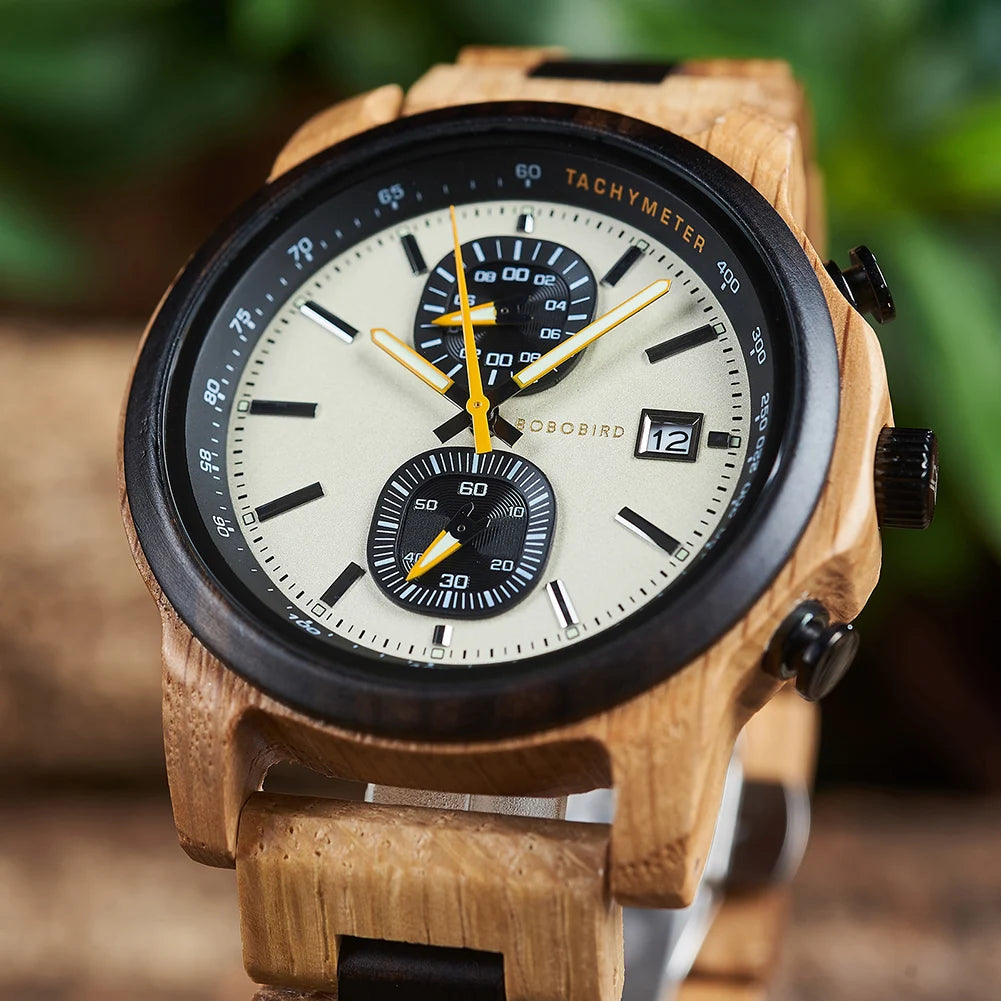 Men'S Wooden Watches Fashion Quartz Wrist Watch for Men Chronograph Clock with Wood Gift Box Reloj Hombre Custom