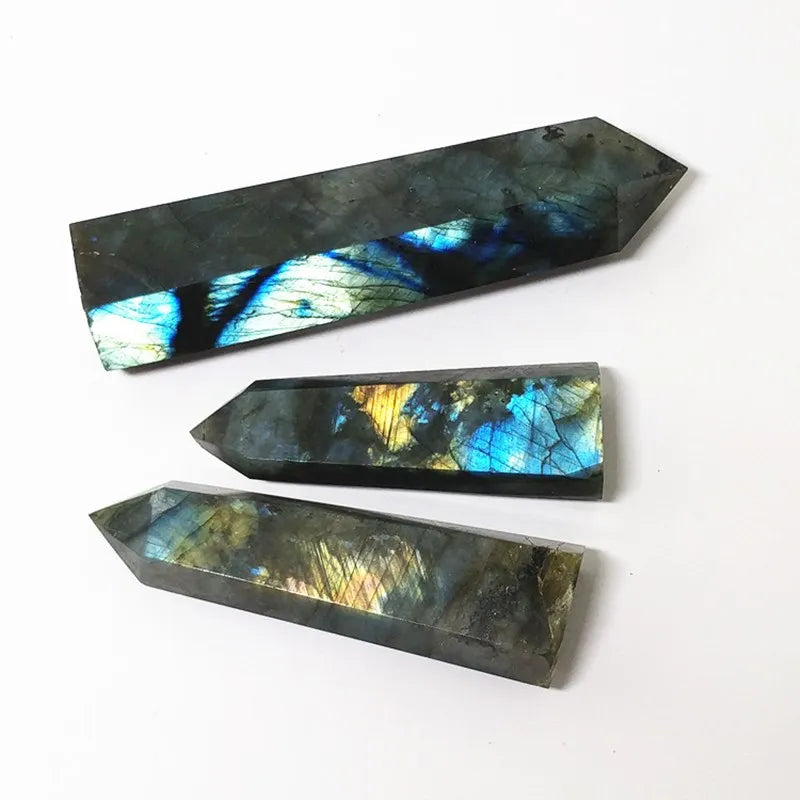 Natural Crystal Labradorite Hexagonal Column Crystal Point Mineral Ornament Healing Wand Home Decor DIY Gift Decoration Wicca