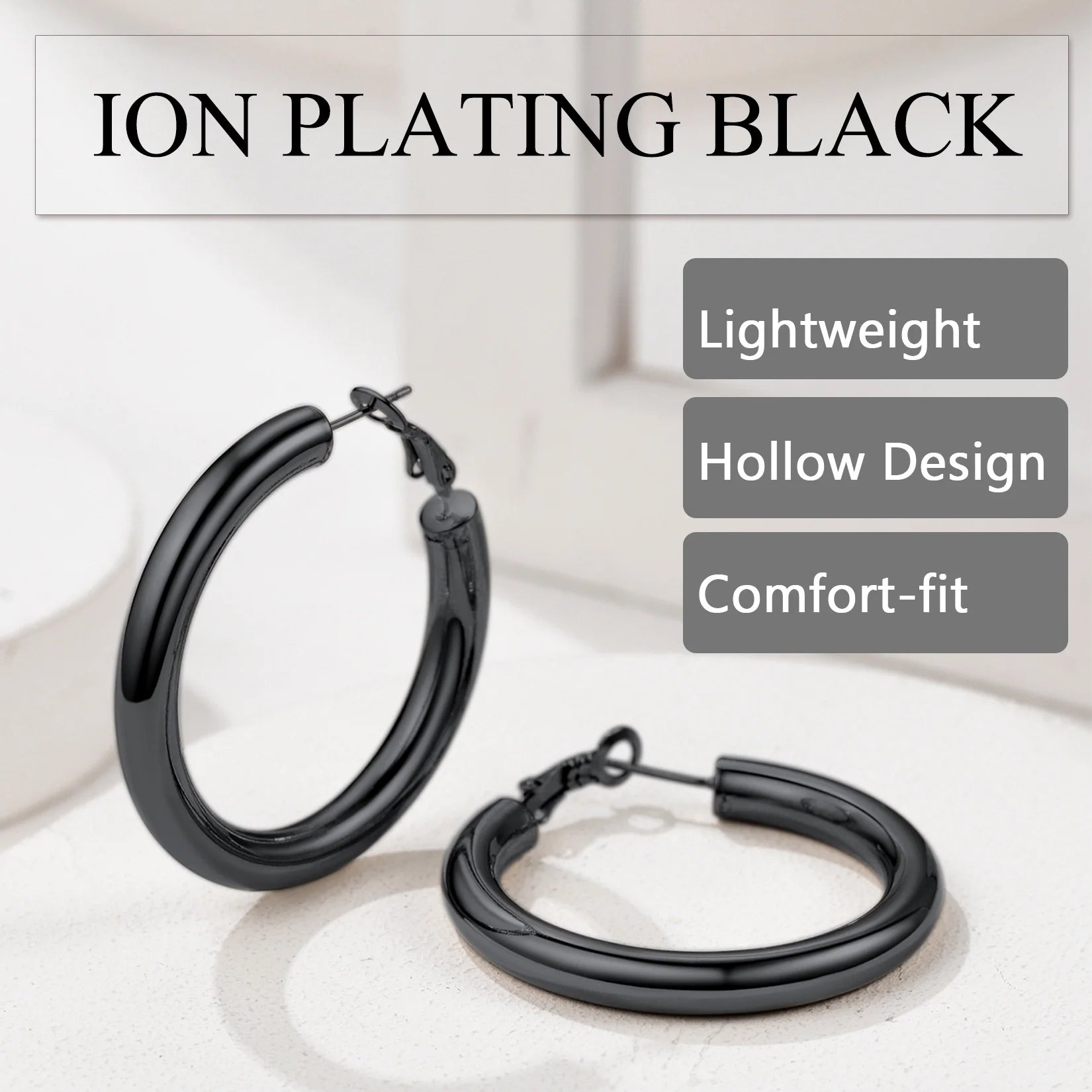 Small 60Mm Black Tube Hoop Earrings Women Girls with Sterling Silver Post